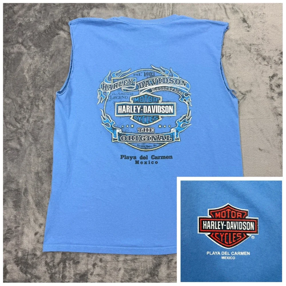 Harley Davidson Playa Del Carmen Mexico Sleeveless T-Shirt Mens Large Blue - Picture 1 of 9
